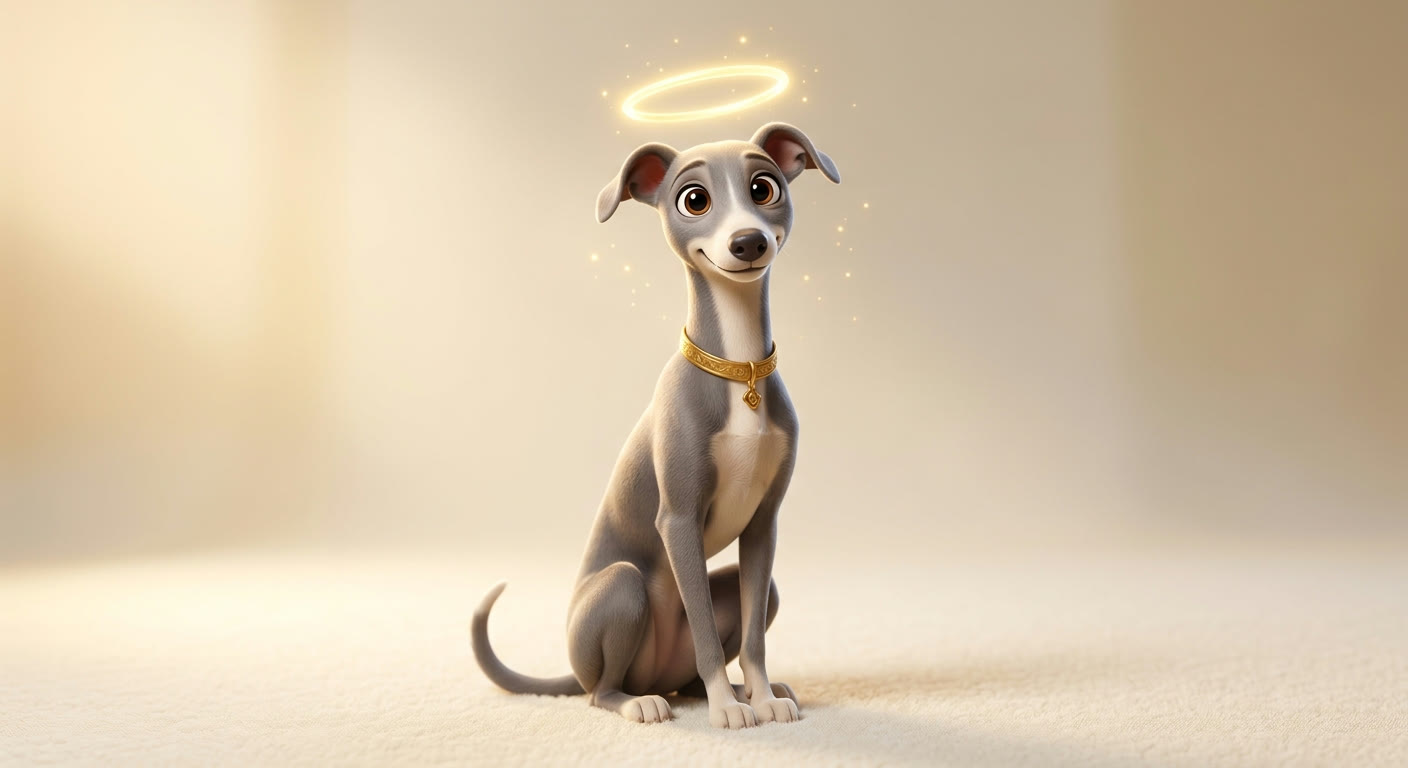 An over-prompted, Pixar-style greyhound mascot, the failed first attempt.